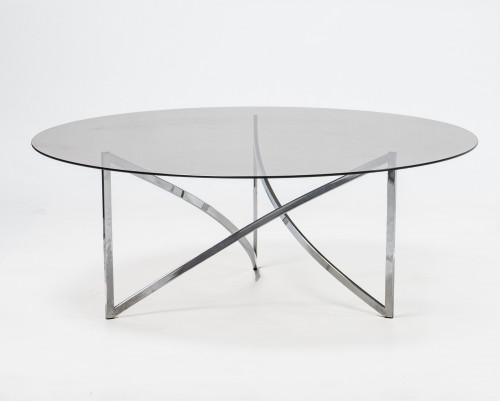 Mesa circular de café de acero plateado y cristal ahumado, 