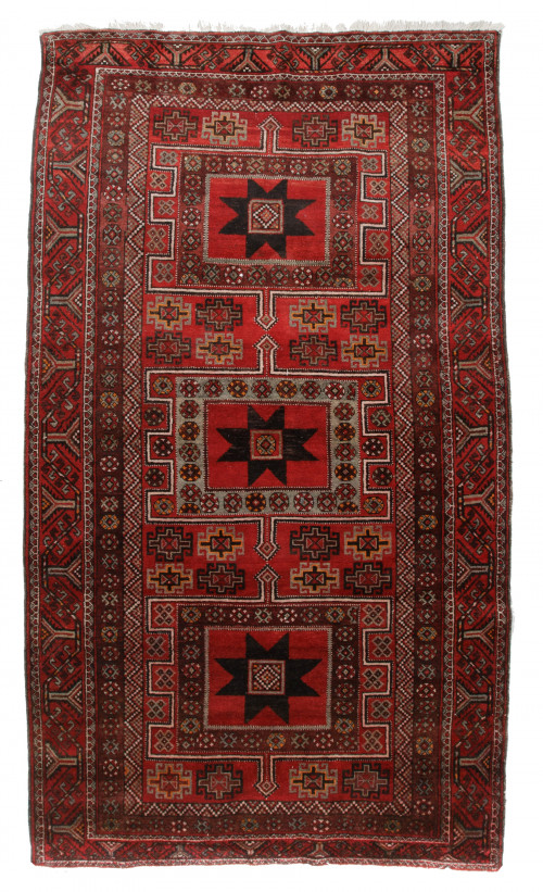 Alfombra de lana persa de campo granate y decoración geomét