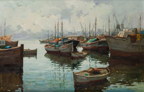 JUAN LLUNA LERMA, "Atardecer en el puerto. Valencia" , Óleo