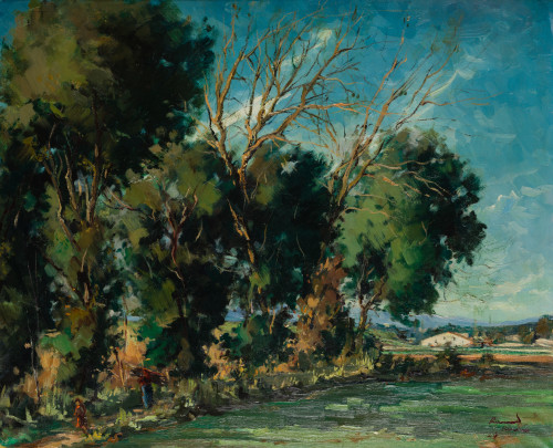 RAIMON ROCA, "Paisaje con masía", 1940, Óleo sobre lienzo