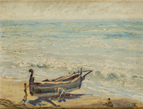  ESCUELA ESPAÑOLA, "Barca de pesca en la playa", 1893