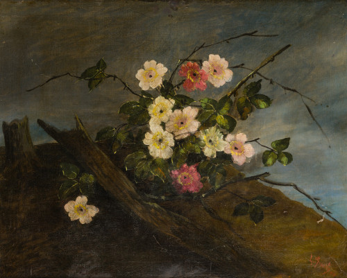 LUIS GRARITE Y TEJADA, "Flores en paisaje", 1894, Óleo sobr
