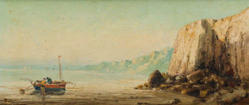 ESCUELA VASCA , "Paisaje costero", Óleo sobre lienzo