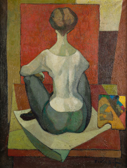 JOSÉ SANTIAÑEZ, "Mujer de espaldas", Óleo sobre lienzo
