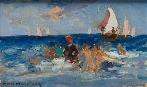 VIVES  MARISTANY, "Niños bañándose en el mar", Óleo sobre t