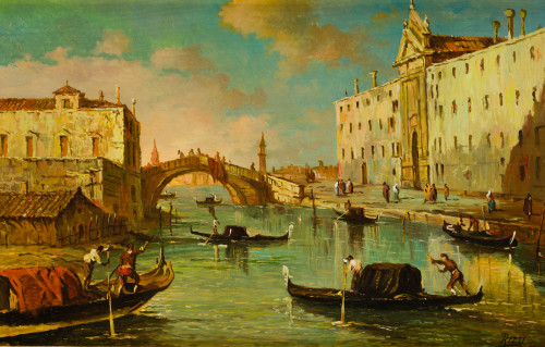 ANTONIO RIZZI, "Canal de Venecia", Óleo sobre tabla