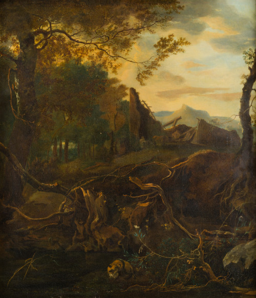 ADAM PYNACKER, "Paisaje con un zorro", Óleo sobre lienzo.