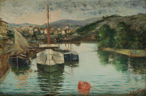 ESCUELA ESPAÑOLA, "Paisaje costero", 1925, Óleo sobre cartó