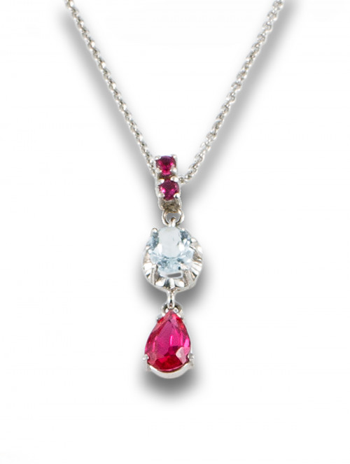 COLGANTE Y CADENA PLATA, ROSA DE FRANCIA Y AGUAMARINA