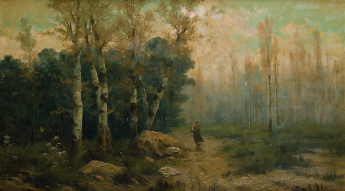 ESCUELA ESPAÑOLA, "Paisaje  con campesina", Óleo sobre lien