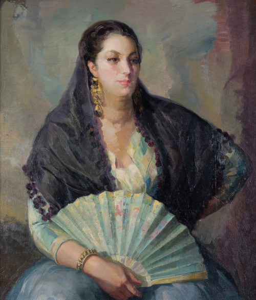 JULIO MOISÉS  FERNÁNDEZ DE VIL, "Retrato de Dama con abanic