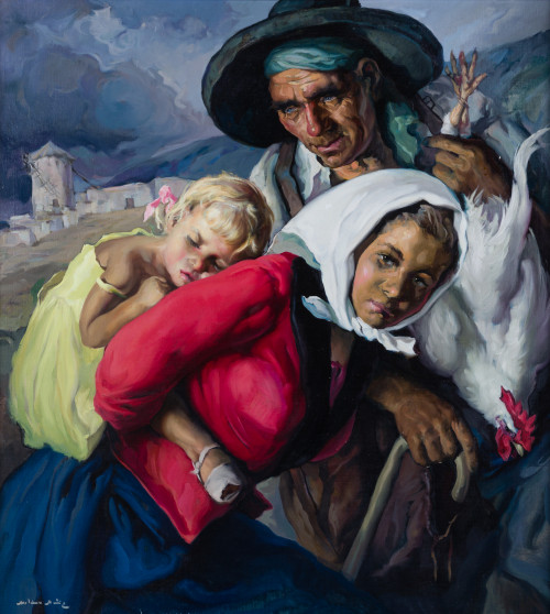 EMILIO MOLINA NUÑEZ, "Familia con gallo", Óleo sobre lienzo