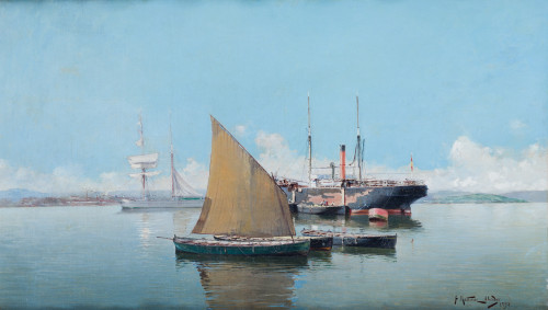 JUAN MARTÍNEZ ABADES, "Puerto", 1898, Óleo sobre lienzo