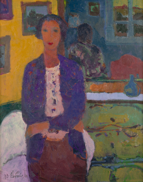 BELÉN ELORRIETA, "Señora con fondo amarillo", 1990, Óleo so