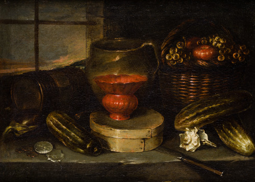 FRANCISCO BARRERA, "Bodegón de cocina con monedas y ventana