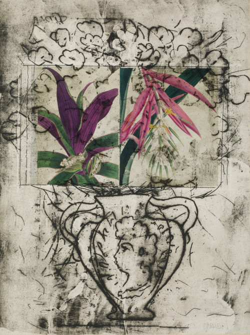 MANOLO VALDES, "Jarrón con flores", Grabado y collage 