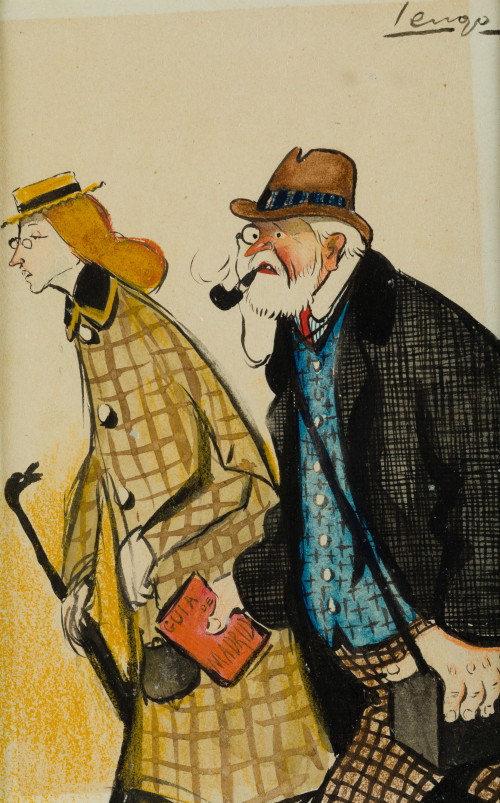 FRANCISCO SANCHA Y LENGO, "Turistas", Tinta y acuarela sobr