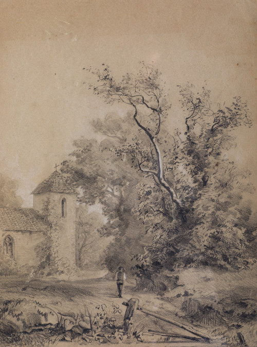 PAULINO DE LA  LINDE, "Paisaje con Iglesia", 1862, Grafito 