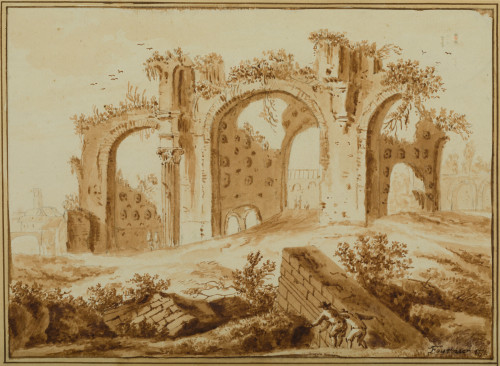 ESCUELA FRANCESA, "Ruinas clásicas", Tinta sepia sobre pape