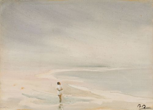 ESCUELA ESPAÑOLA, "Mujer paseando por la playa", 1972, Óle