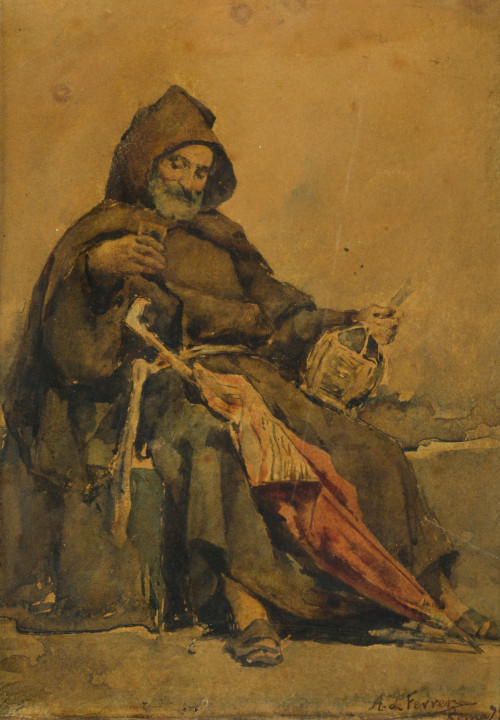 ANTONIO DE FERRER CORRÍOS, "Monje bebiendo", 1874, Acuarela