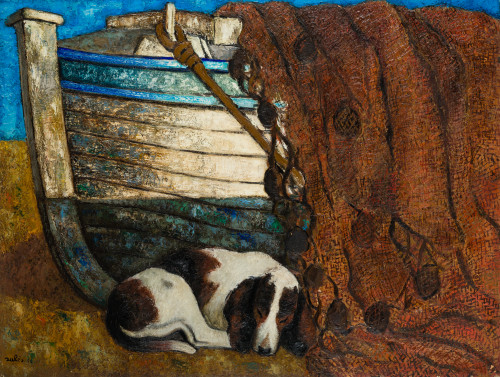 FRANCISCO SALES, "Barca y perro", 1958, Óleo sobre lienzo p