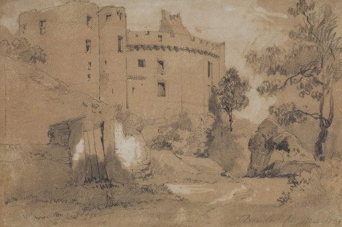 ESCUELA FRANCESA, "Paisaje con castillo", 1833, Grafito y a