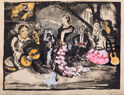 CELSO LAGAR, "Baile flamenco", Litografía y gouache