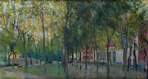 ANTONIO MAYA CORTES, "Paseo del Prado", 1982, Óleo sobre ta