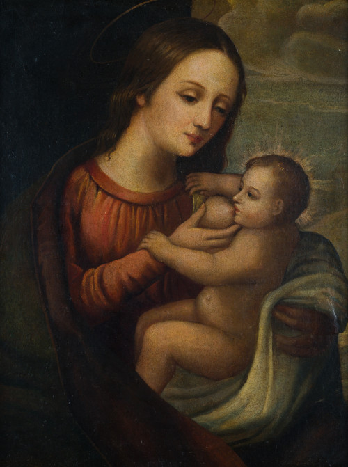  ESCUELA ESPAÑOLA, "Virgen de la Leche" , Óleo sobre lienzo