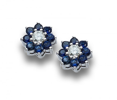 PENDIENTES FLORES DE DIAMANTES, ZAFIROS Y ORO BLANCO