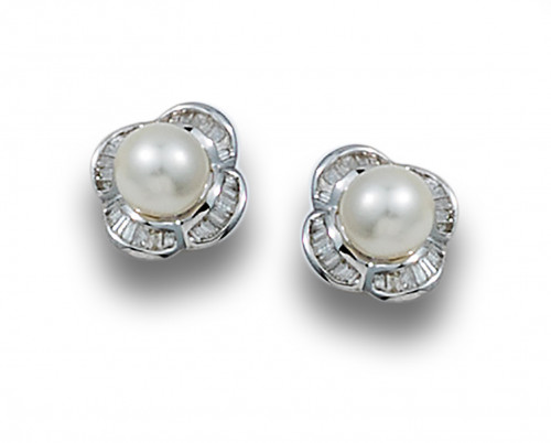 PENDIENTES EN ORO BLANCO, PERLAS Y DIAMANTES