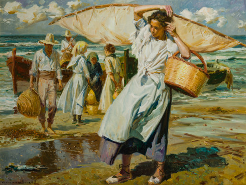 JUAN GONZALEZ ALACREU, "Pescadores en la playa", Óleo sobre