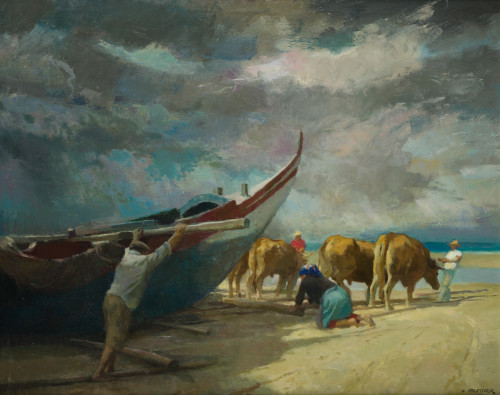 MANUEL  MARTINEZ ALCOVER, "Pescadores en la playa", Óleo so