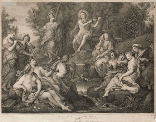 JOHN BOYDELL, "Apollo y las nueve musas", Grabado al cobre