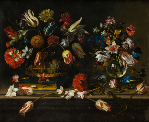 ANÓNIMO, “Bodegón con cesto y jarrón de flores sobre un ped