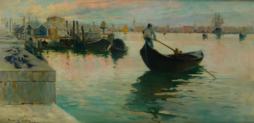 ARCADIO MAS Y FONDEVILA, "Paisaje de Venecia", Óleo sobre l