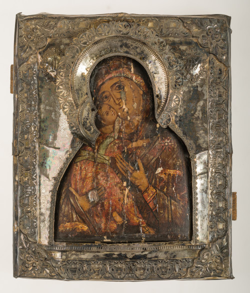  ESCUELA RUSA, "Virgen con Niño", Temple sobre tabla con ri