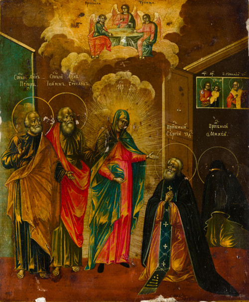  ESCUELA RUSA, "Escena de la Virgen con Santos", Temple sob