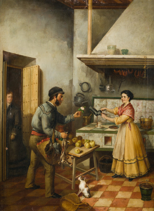 ANDRÉS CORTÉS Y AGUILAR, "Galanteo en la cocina", 1877, Óle