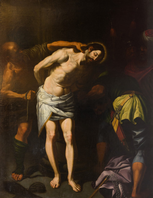 CÍRCULO DE VICENTE CARDUCHO, "Flagelación de Cristo", Óleo 