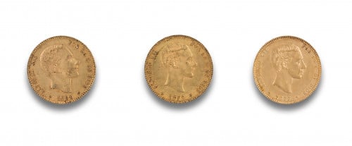 LOTE DE TRES MONEDAS DE ORO DE 25 PESETAS DE ALFONSO XII