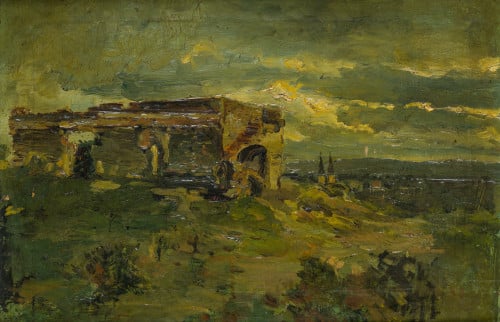  ANÓNIMO, "Paisaje con ruinas y pueblo al fondo"