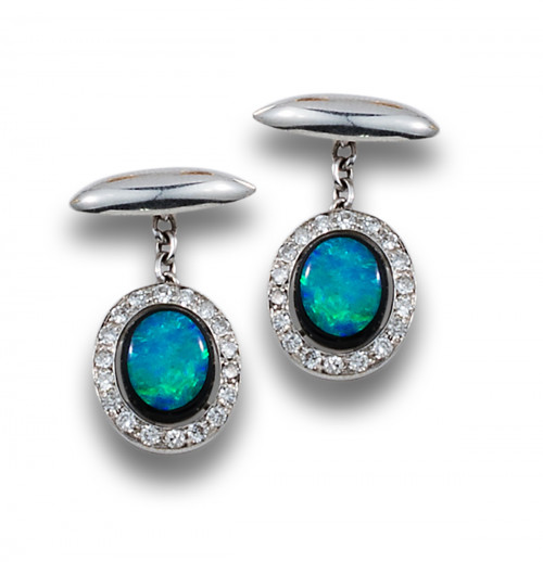 GEMELOS DE ORO BLANCO CON DOBLETE DE ÓPALO Y ÓNIX ORLADO DE