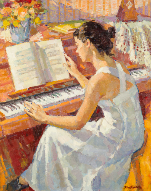 FELISA CORTADA MARTÍNEZ, "Mujer al piano", Óleo sobre lienzo
