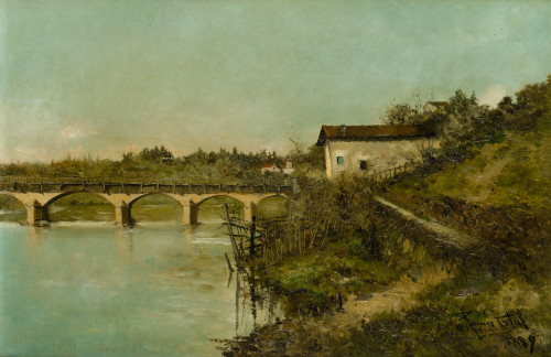 MANUEL RAMOS ARTAL, "Paisaje fluvial con puente", 1889, Óle