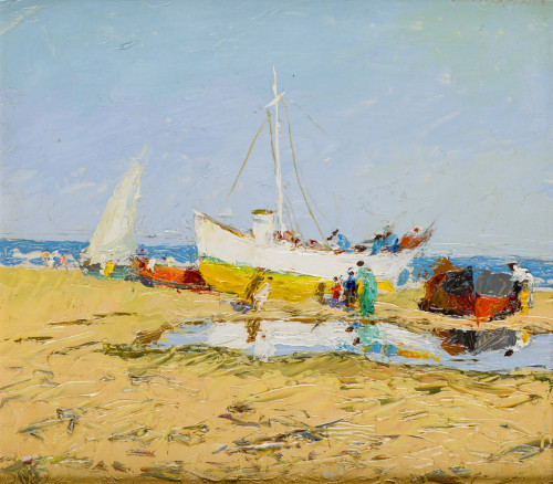 SALVADOR  VILAPLANA, "Tres escenas de playa", Tres óleos so