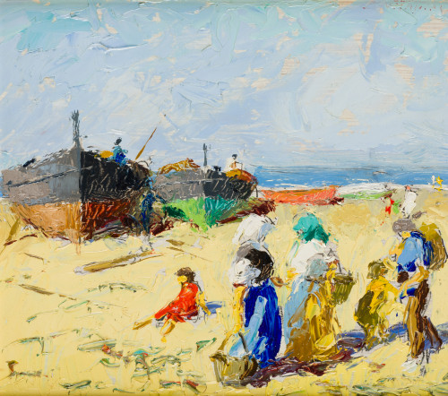 SALVADOR  VILAPLANA, "Tres escenas de playa", Tres óleos so