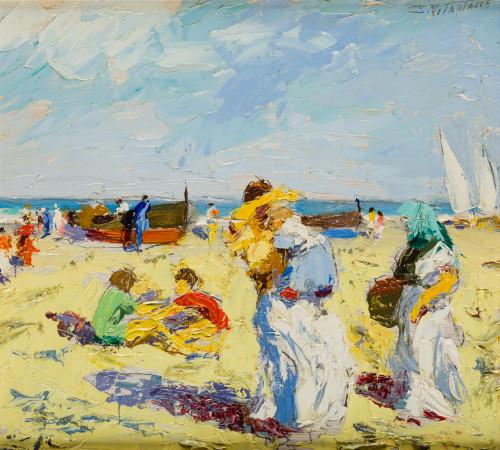 SALVADOR  VILAPLANA, "Tres escenas de playa", Tres óleos so