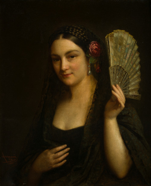 GIUSEPPE FAGNANI, "Retrato de dama con abanico", 1860, Óleo